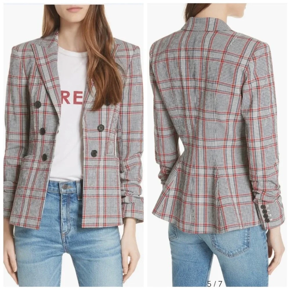 $650 Veronica Beard Plaid Caldwell Dickey Blazer Red Gray Navy Jacket Cotton 8 - Picture 3 of 14